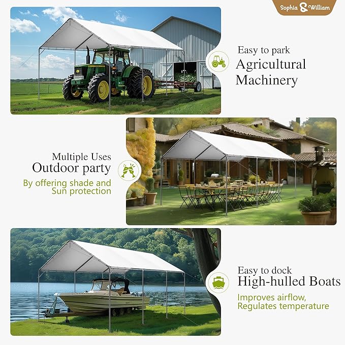 Carport Car Port Canopy 12x20 ft Heavy Duty, Portable Garage Shelter Logic Car Tents Carpas para Carros All Weather for Truck Boat, Galvanized Steel Frame Carports Height Adjustable White