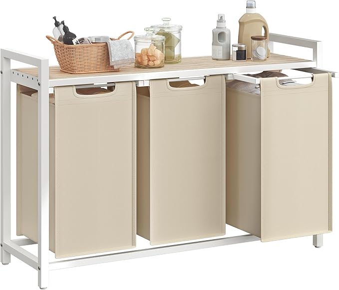 VASAGLE Laundry Hamper, Laundry Basket Sorter with 3 Pull-Out and Removable Bags, Shelf, Metal Frame, 3 x 10.6 Gallons (40 L), 36.4 x 13 x 28.4 Inches, Cappuccino Beige and Natural Beige UBLH301LH01