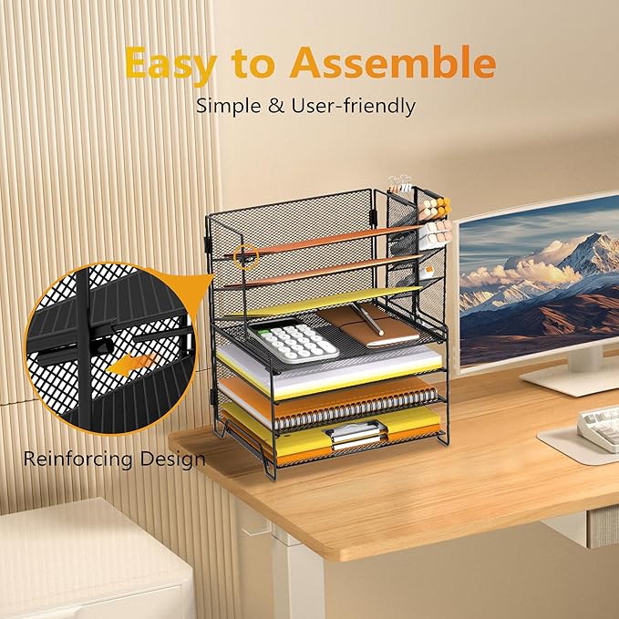 SUPEASY 7 Tier Desk Organizer, 4 Tier Paper Organizer + 3 Tier File Holder with Pen Holder, Desk Organization and Storage for Home Office, Black