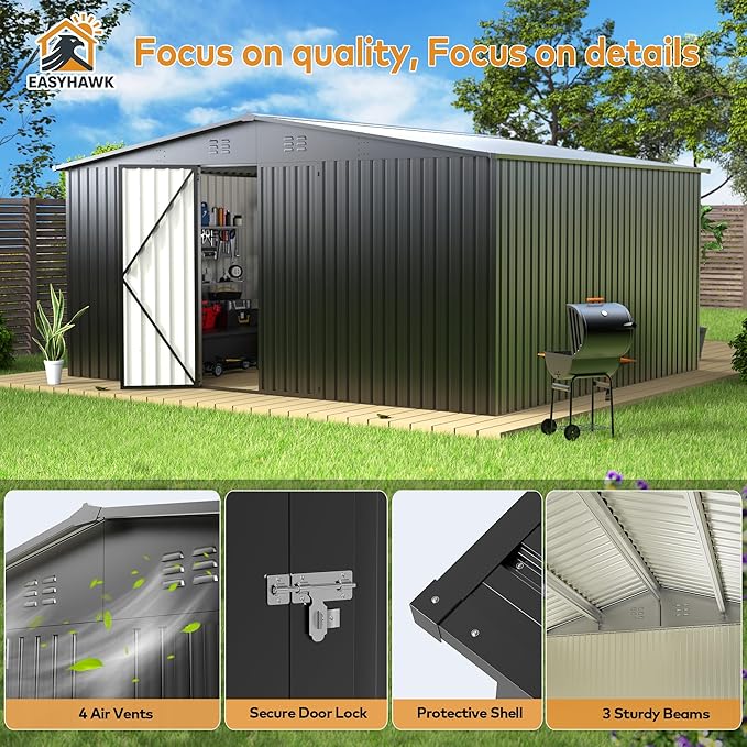 14 x 12FT Outdoor Storage Shed, Metal Waterproof Storage Shed Steel Utility Garden Tool Shed with Door & Lock Outdoor Storage,All-Weather Shelter for Bike, Gardening Tools, Lawn Mowers