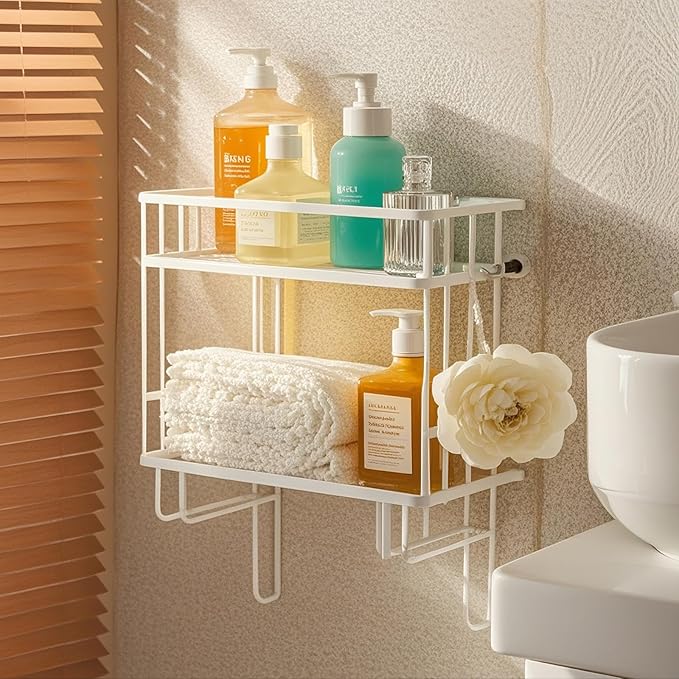 ShellKingdom Over The Toilet Storage Shelf, 2 Tier Toilet Paper Holder Stand Shelves, Punch-Free Bathroom Storage Rack with 2 Hooks, Small Space Organizers for Bathroom, Home, Countertop, White