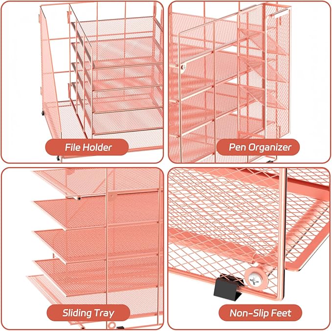 Rose Gold Desk Accessories, 5-Tier Desk Organizer with Magazine Holder, Paper Organizer with Pen Holder for Home, Office or School Supplies