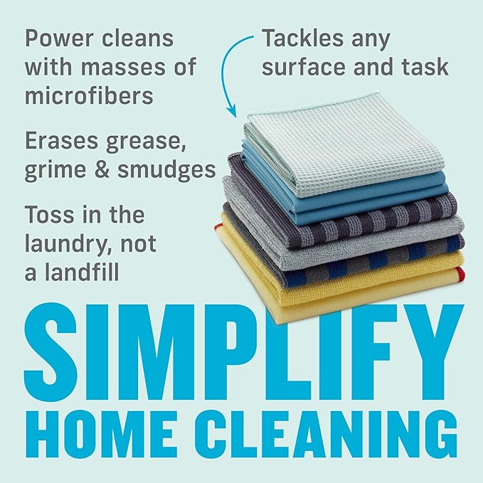 E-Cloth Home Cleaning Set, Premium Microfiber Cleaning Cloth, Household Cleaning Tools & Supplies for Dusting, Bathroom, Kitchen & Cars, Washable & Reusable, 100 Wash Guarantee, 8 Piece Set