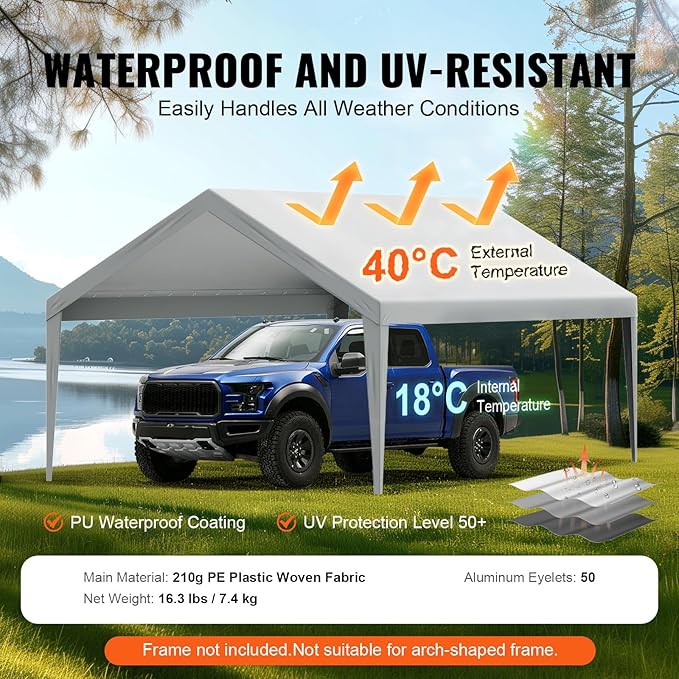 VEVOR Carport Replacement Canopy Cover 13 x 20 ft, Garage Top Tent Shelter Tarp Heavy-Duty Waterproof & UV Protected, Easy Installation with Ball Bungees,Grey (Only Top Cover, Frame Not Include)