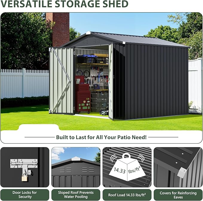 JUMMICO 8x8 FT Outdoor Storage Shed, Heavy Duty Tool Metal Sheds with Lockable Doors and Updated Frame Structure for Backyard Patio Lawn, Black