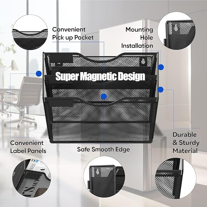 3 Tier Magnetic File Holder for File Cabinets, Refrigerator, Whiteboard, Office, No Drilling Installation Large Capacity Black Magnetic File Holder