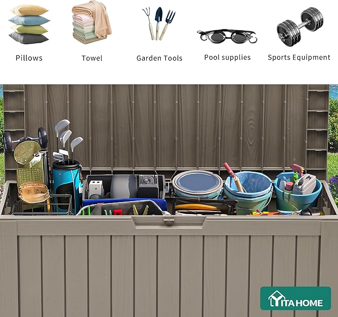 YITAHOME 72 Gallon Outdoor Storage Box w/Wheels, Resin Deck Box Indoor & Outdoor Patio Storage Box for Throw Pillows, Athletic Gear, Yard (Light Brown)