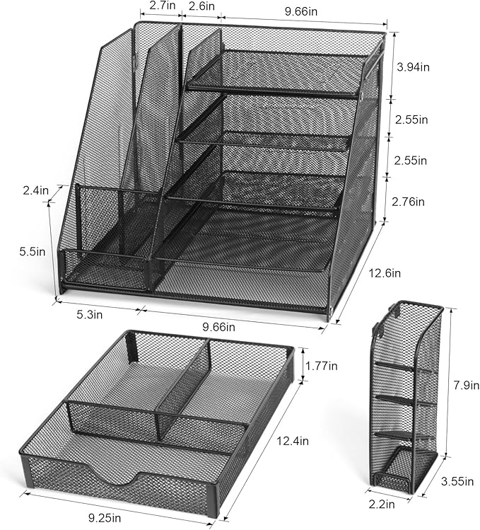 GALASALA Mesh Desk Organizer, 5 Tier Paper Letter Tray with Extra Vertical File Sorter, Sliding Drawer and Pen Holders for Desk Accessories Office Supplies, Black