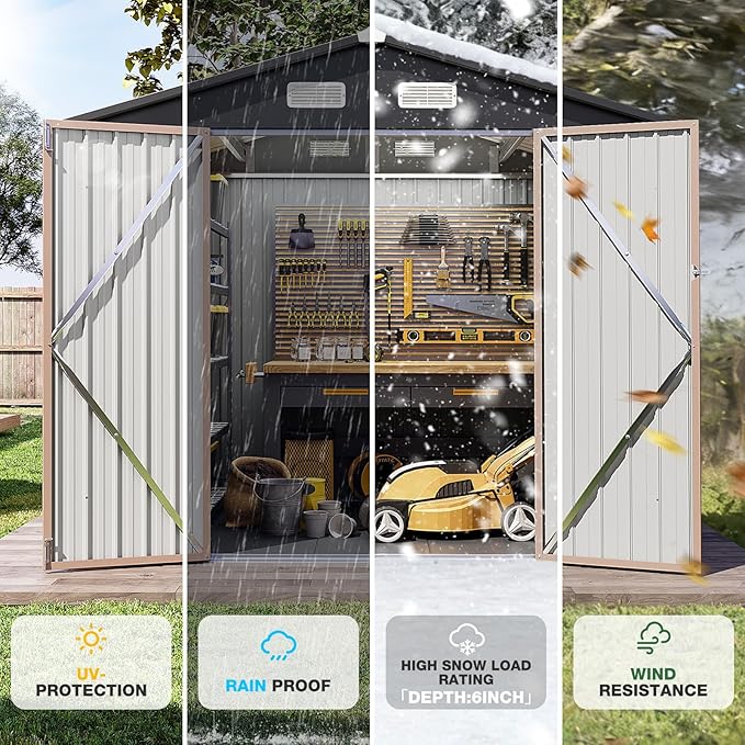 Aoxun Outdoor Storage Shed with Floor - 8x6 FT Metal Shed with Lockable Doors & Air Vents, Waterproof Outside Storage Shed for Tool, Garbage Can, Bike, Mower, for Backyard Garden Patio, Brown