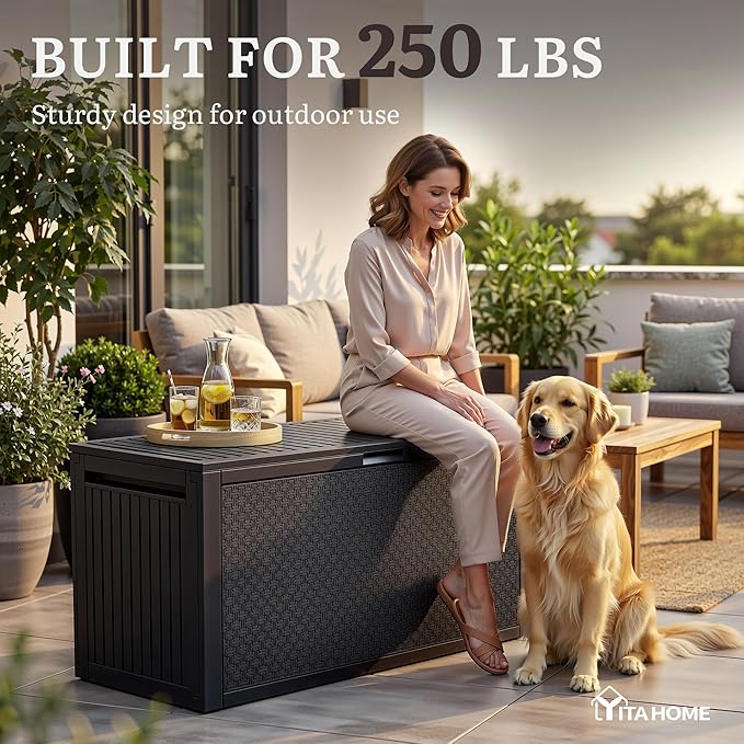 YITAHOME 90 Gallon Outdoor Deck Box, Lockable Resin Deck Box with Handles, Outdoor Storage Box for Patio Furniture, Garden Tools, Waterproof & UV Resistant, Black