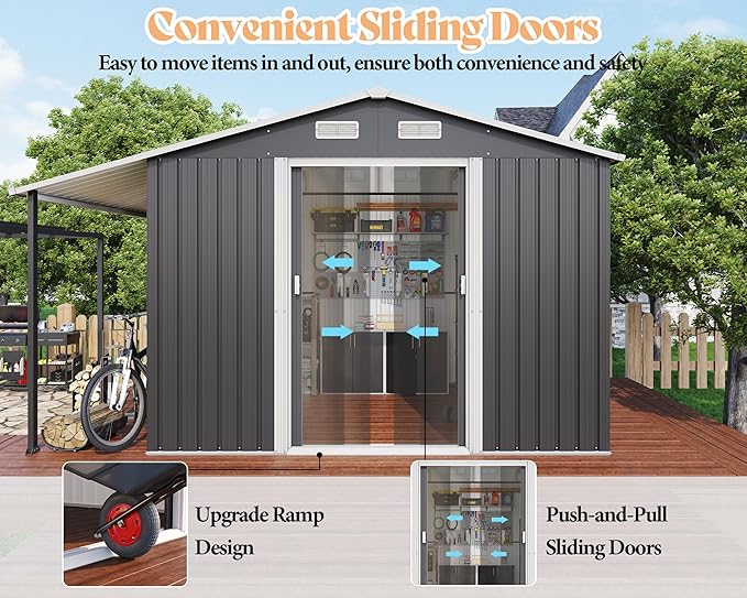 Jocisland Outdoor Storage Shed 10.6x10.3x6.3 FT, Sliding Door Shed with Dual 4-Pane Windows for Wood Storage, Dark Grey/White