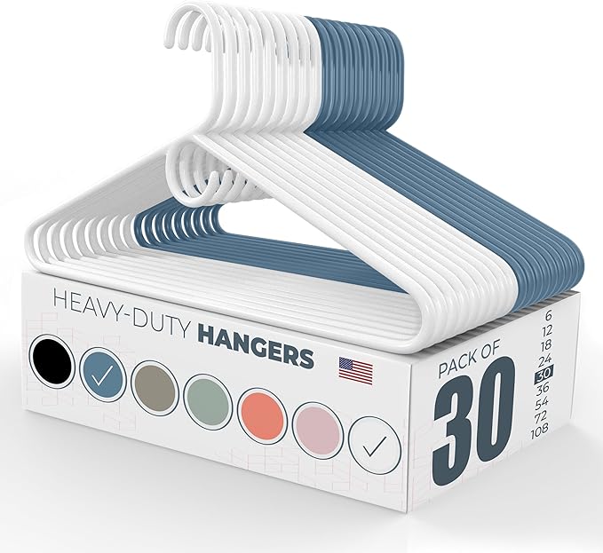 Neaties Heavy Duty Clothes Hangers 30 Pack – Made in The USA – 8lb Capacity Plastic Hangers for Adult Clothing – Durable for Pants, Coats, Jackets, or Jeans – White & Blue
