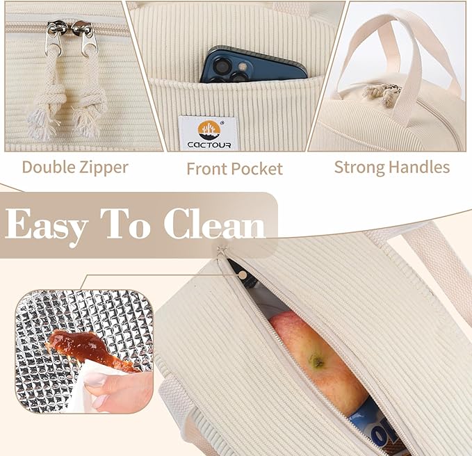 Lunch Bag Lunch Box for Women Girls Teens, Cute Lunch Box Cooler Bag,Portable Small Reusable Corduroy Insulated LunchBox for Work/Travel/Picnic/School (Beige)