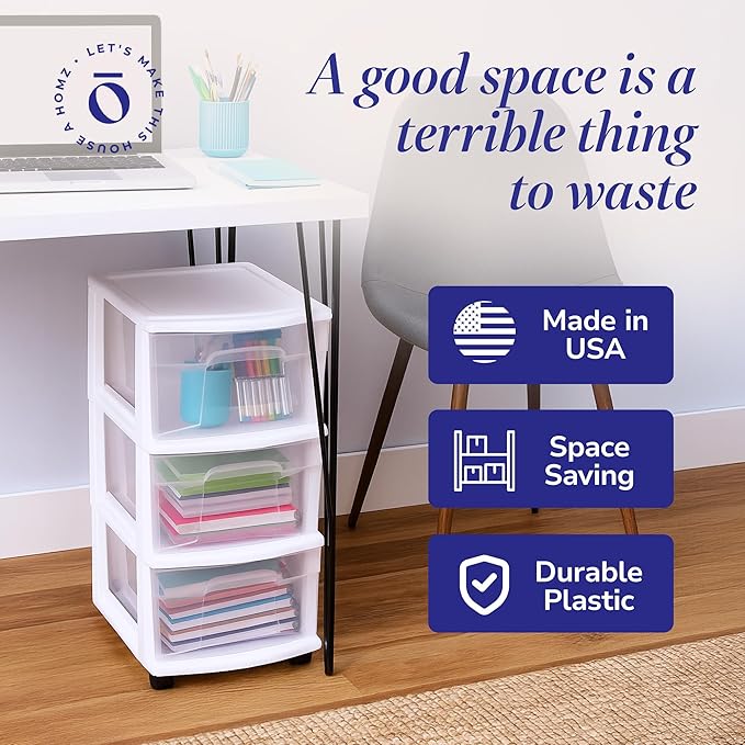 HOMZ 2-Pack Drawer Tower, 3-Tier Clear Plastic Storage Organizer Cart, White Frame - Organizing Containers with Wheels for Home, Bathroom, Bedroom, Office, and Classroom