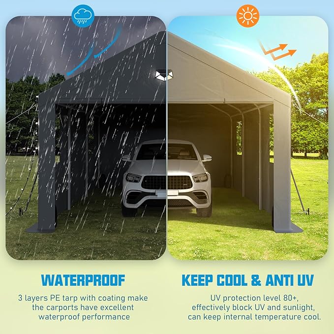 Carports Canopy 13x20 Heavy Duty, Portable Car Port Garage with Roll Up Drive Through Doors, Grey