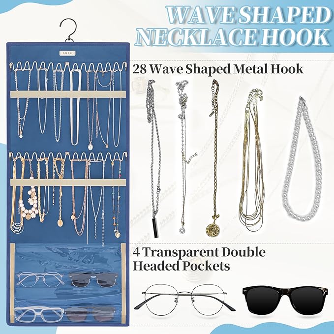 GMAK Hanging Jewelry Organizer with Hanger Metal Hooks, Double-Sided Jewelry Holder Accessories Organizer Storage Roll for Jewelry, Earrings, Bracelets, Necklaces, Rings - Navy Blue