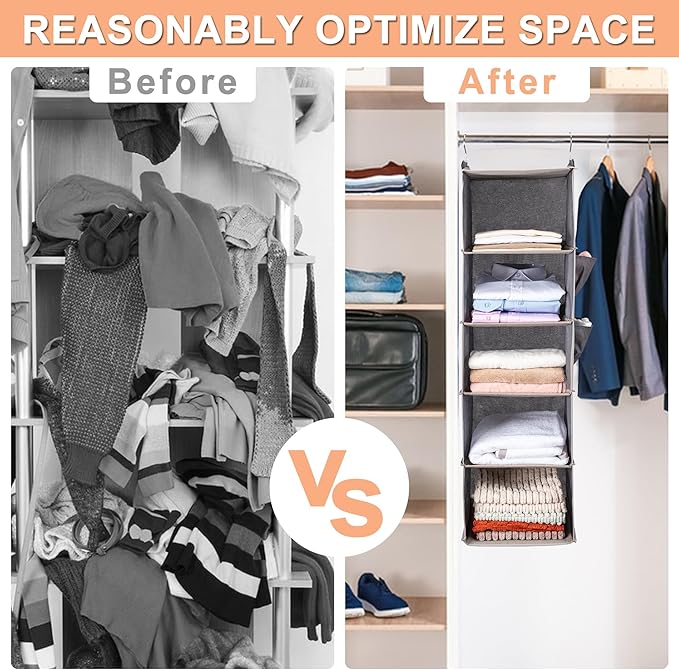 BOOMIBOO Hanging Closet Organize and Shelves，5-Hanging Shelf with 2 Side Pockets，Storage Foldable （Browm）