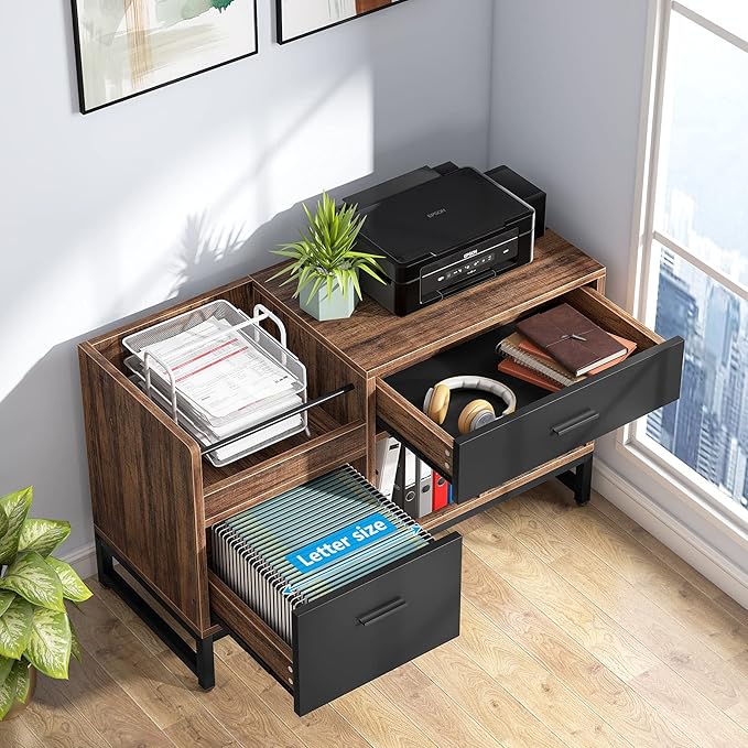 LITTLE TREE 39-Inch File Cabinet with 2 Drawers, Small Lateral Filing Cabinet Under Desk Storage, Wood Printer Stand with Open Storage Shelves for Home Office Organization