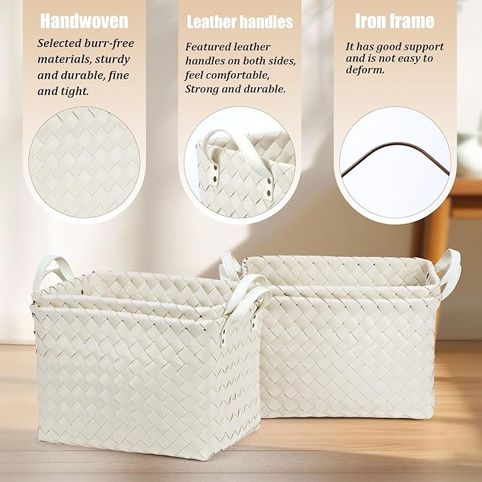 Handwoven Clothes Basket Laundry Hampers Large Wicker Storage Baskets for Shelves Blankets Closet Storage Bins Car Bedroom Bathroom Organizers and Storage Bath (Pack of 4, White)