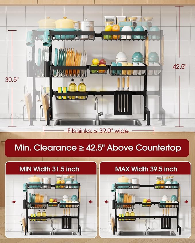 Over The Sink Dish Drying Rack - Adjustable 3 Tier XX-Large Capacity Stainless Steel Drainer with Cutlery & Utensil Holders, Kitchen Storage & Organization, 31.5"-39.5"L x 12"W x 30.5"H, Black