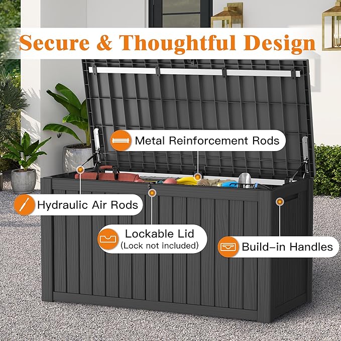 180 Gallon Outdoor Storage Box Waterproof Deck Box for Garden Tools, Lockable Storage Box for Patio Cushion Outside Package Delivery Box
