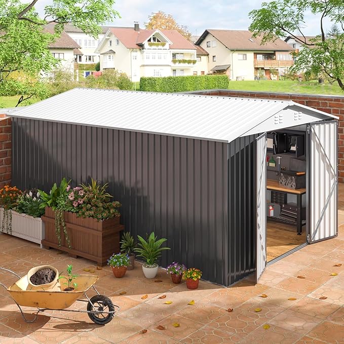 10x14 FT Outdoor Storage Shed, Garden Shed with Updated Frame Structure and Lockable Doors, Metal Tool Sheds for Backyard Garden Patio Lawn, White