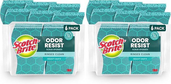 Scotch-Brite Odor Resist Heavy Duty Scrub Sponge, Dishwasher-Safe Kitchen sponges for Serious Scrubbing, Multipurpose Dish Sponge for Stuck-On Messes, 6 Scrubbing Sponges (Pack of 2)