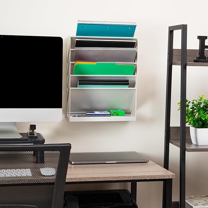 Mind Reader 5-Tier Vertical File Storage, Desktop Organizer, Wall Mount, Office, Plastic, 13"L x 4.25"W x 16"H, Beige