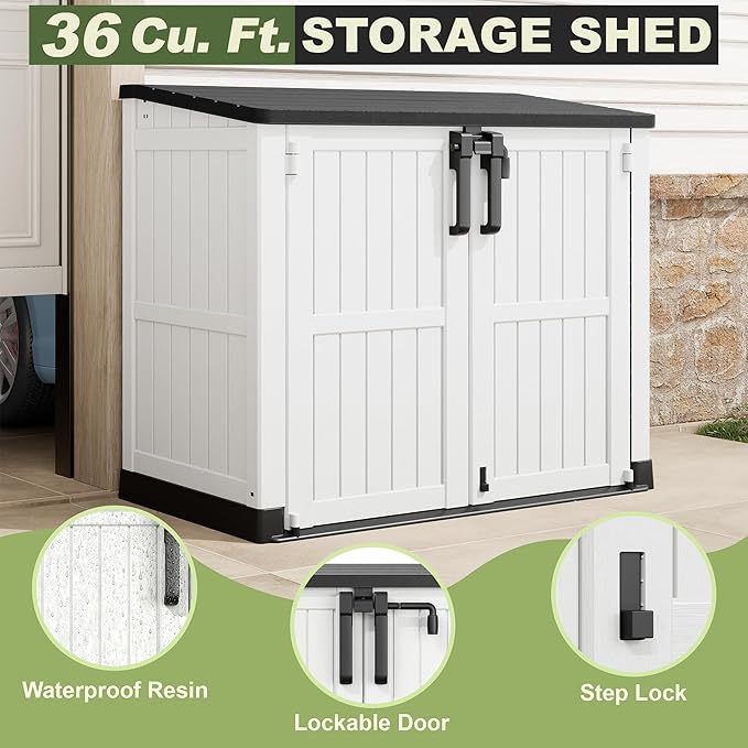 36 Cu Ft Resin Outdoor Storage Shed, Weatherproof Horizontal Outdoor Storage Cabinet with Dual Lock Door for Backyard, Patio, Garage, Garden(White)