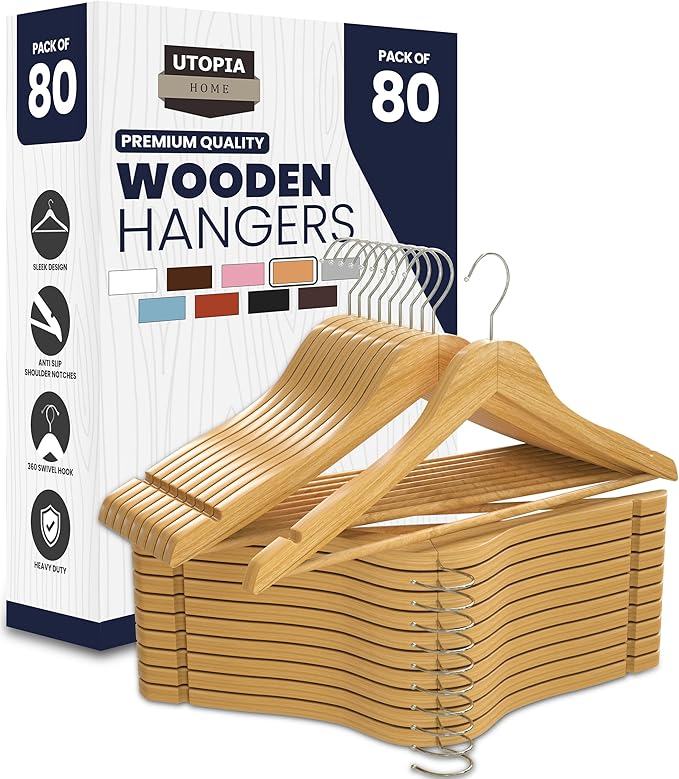 Utopia Home Premium Wooden Hangers 80 Pack - Durable & Slim Coat Hanger - Suit Hanger with 360-Degree Rotatable Hook - Wood Hangers with Shoulder Grooves (Natural Color)
