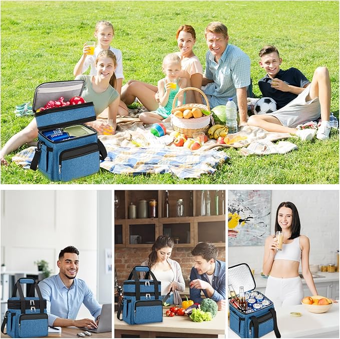 Insulated Lunch Bag & Lunch Box for Men - Double Deck Reusable Lunch Bag for Women Tote Cooler Bag Leakproof Soft Expandable - Extra Large Lunchbox for Work/Adult/Picnic/Outdoor (Blue，22L)