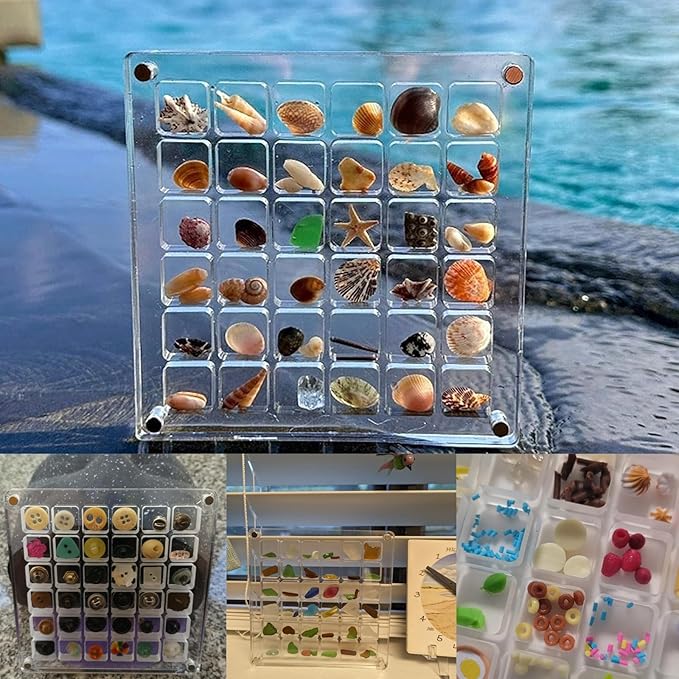 Acrylic Magnetic Seashell Display Box, Seashell Storage Box Display Case Decorative Seashell Starfish Trinket, Small Craft Organizers Container for Bead, Nail, Jewelry, Square-36 Grid