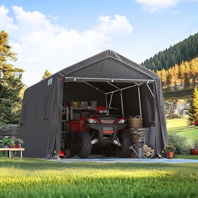 ADVANCE OUTDOOR 10x15 ft Shelter Storage Shed Steel Metal Peak Roof Portable Garage Carport for Motorcycle, Boat or Garden Tools with 2 Roll up Doors & Vents, Gray