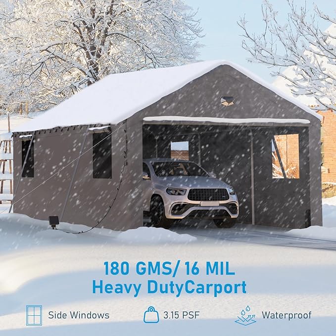Carports Canopy 13x20 Heavy Duty, Portable Car Port Garage with Roll Up Drive Through Doors, Grey