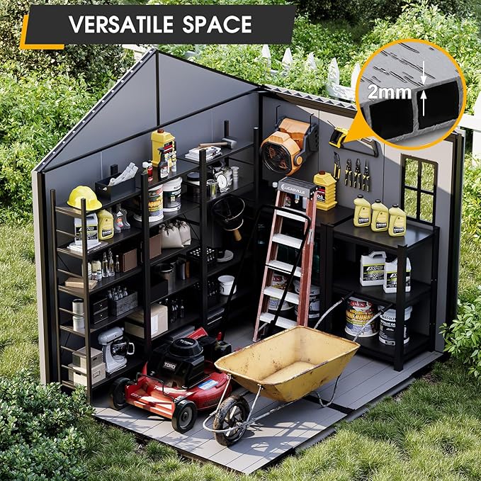 MELLCOM 8 x 6 FT Outdoor Storage Tool Shed with Windows and Lockable Door, Resin Outdoor Storage Shed with Floor, Resin Garden Shed for Lawnmower, Pool Supply, Bike