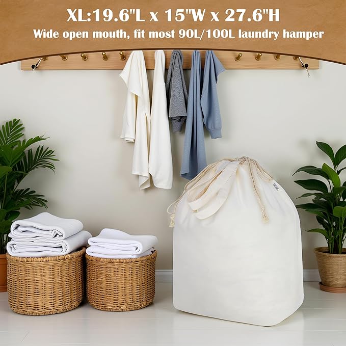 Canvas Laundry Bags with Handles & Rectangular Base, 20"Lx15"Wx27.6"H Extra Large Heavy Duty Laundry Basket Hamper Liner Replacement, Washable Canvas Drawstring Dirty Clothes Bag