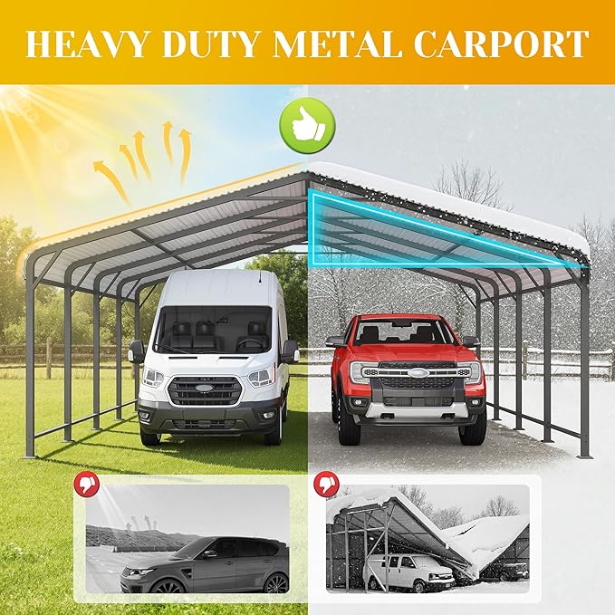 20' x 20' Metal Carport with Updated Roof & Enhanced Base, Heavy Duty Canopy Carport Garage, Vertaile for Car, Truck, Boat, Tractors, Party, Grey
