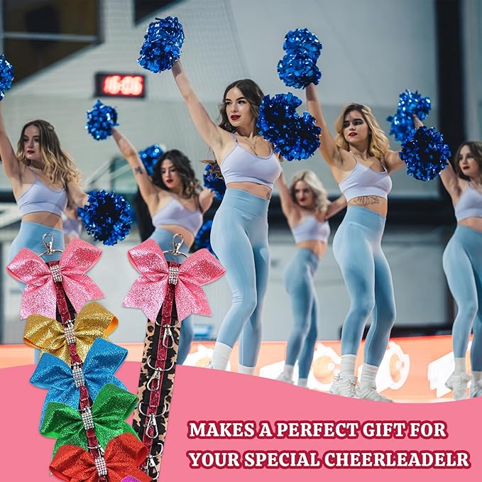 ALIBBON Cheer Bow Holder Glitter Pink Leopard Print Hair Bow Holder Cheer Keychain for Cheerleading Backpack Bag Cheerleader Gifts Sports Cheerleading Bows Storage Hanging Ribbon Chain with 5 Clasps