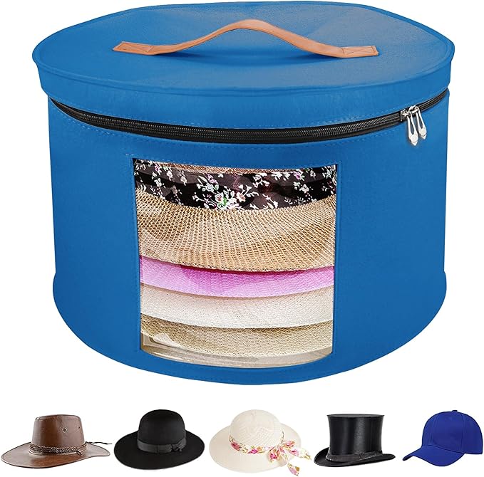Large Hat Storage Box for Women & Men, 16" D x 10" H Hat Box Organizer，Foldable Round Travel Hat Boxes with Dustproof Lid, Stuffed Toy Storage Bin Bag (Ultramarine Blue)