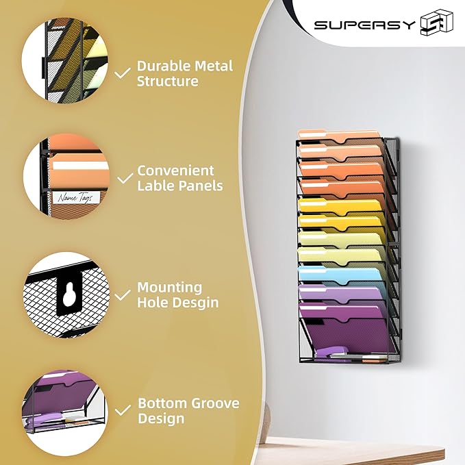 SUPEASY 12-Tier Hanging Wall File Holder Organizer for Papers, Folders, Files Clipboard & Magazine Organization Great for Office Home, Assembly Needed, Black