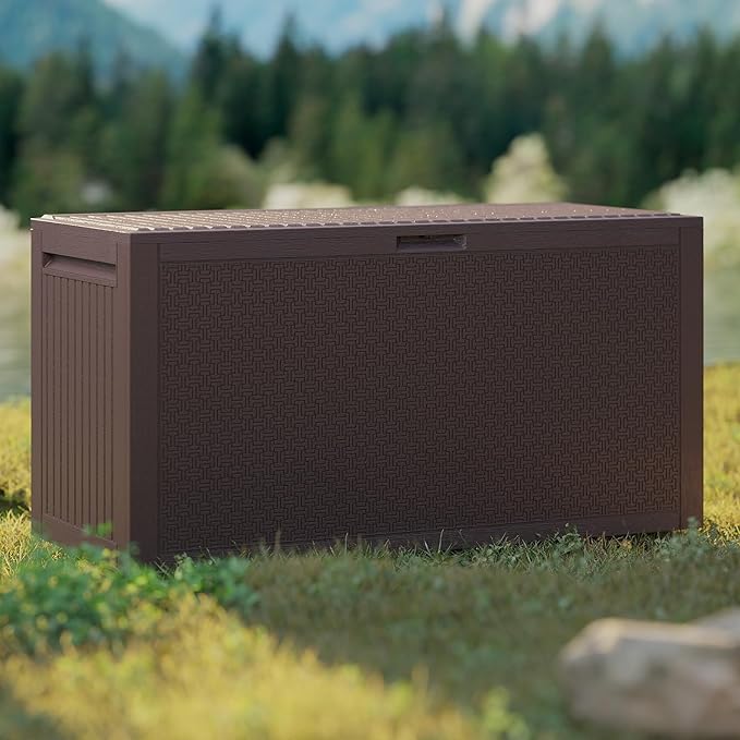 EHHLY 90 Gallon Outdoor Storage Box, Lockable Package Outside Storage Box Waterproof, Patio Cushions Deck Storage Boxes, Rattan Plastic Garden Hose Containers Resin Pool Storage Bins with lids, Brown