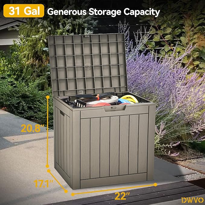 DWVO 30 Gallon Outdoor Storage Box, Weatherproof Lockable Resin Deck Box for Patio Furniture, Pool Accessories, Garden Tools, and Supplies - Brown