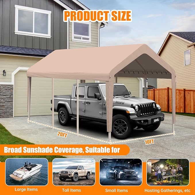 Carport Canopy 10'x20' Heavy Duty Replacement Cover, Garage Shelter Cover 800D Oxford Waterproof & UV Protected Tarp with Ball Bungees, Not Include Frame - Beige