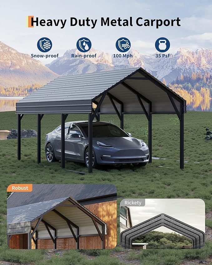 GarveeLife 10x15 FT Metal Carport Kits, Reinforced Frame and Steel Roof for All-Weather Use, Permanent Shelter for Bass Boats, Sedans, and Tractors, Gray