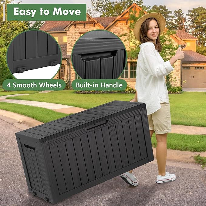 NUNU LAB Outdoor Storage Box, 80 Gallon Large Resin Sturdy Deck Box, Backyard Outside Storage Box Waterproof, Package Delivery Garden Hose Storage Bin Tool