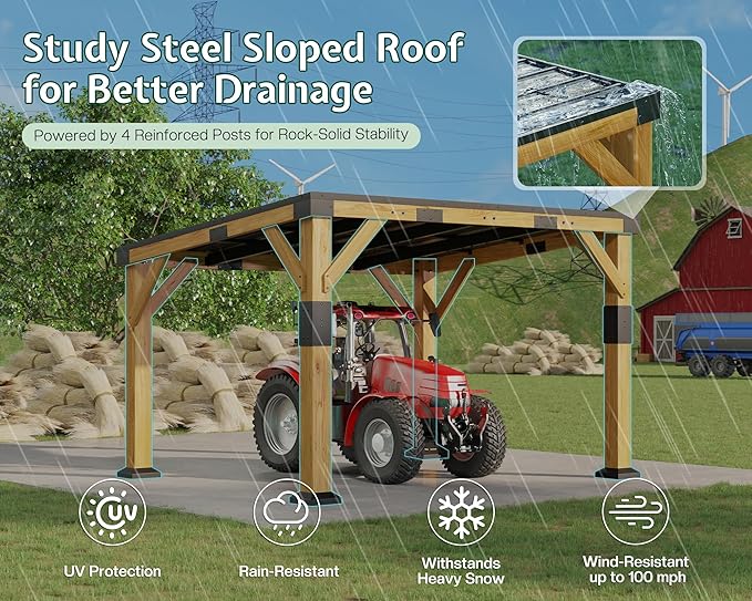 Jocisland 10x12x8 FT Cedar Wood Carport, Heavy Duty Canopy Carport with Sloped Galvanized Steel Roof for All Weather, Permanent Shelter for Tractor, Motorcycle, Bike & Garden Tools