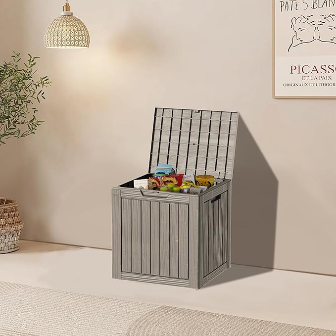 Outdoor Storage Box, 35 Gallon Resin Deck Box Waterproof for Patio, Poolside and Garden, Lockable UV-Resistant Storage Bin Bench Cabinet for Small Spaces, Grey