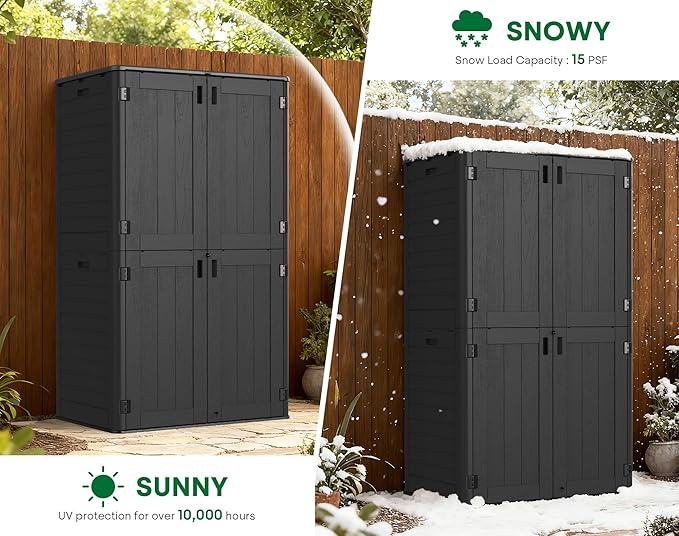 Vertical Outdoor Storage Shed, 60 Cu.Ft Resin Storage Cabinet Waterproof with Lockable Floor, All-Weather Tall Backyard Shed for Patio Furniture, Garage, Garden, Porch (Black)