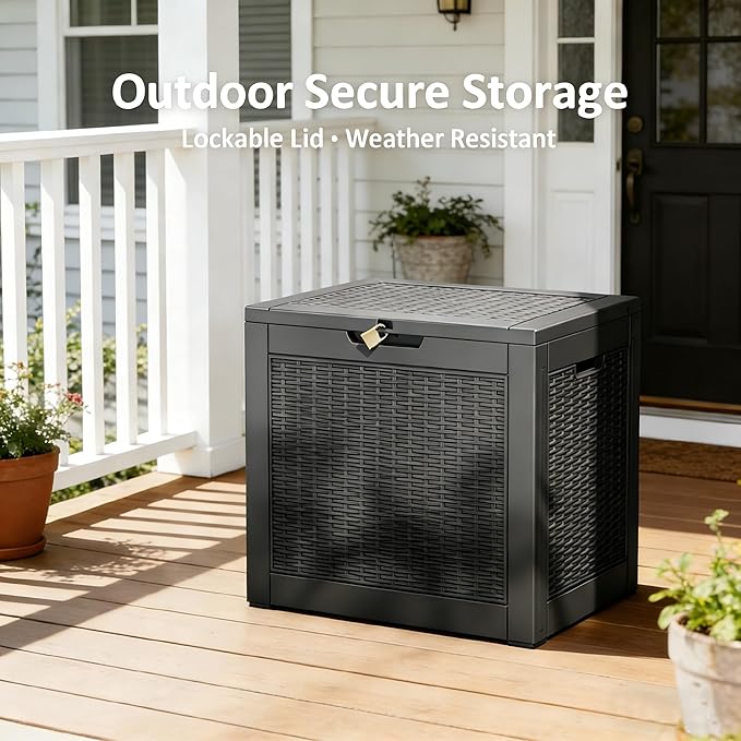 31 Gallon Outdoor Storage Box, Resin Deck Boxes Outdoor Waterproof For Patio Furniture, Garden Tools, Pool Supplies, Lockable And UV Resistant (Rattan Black)