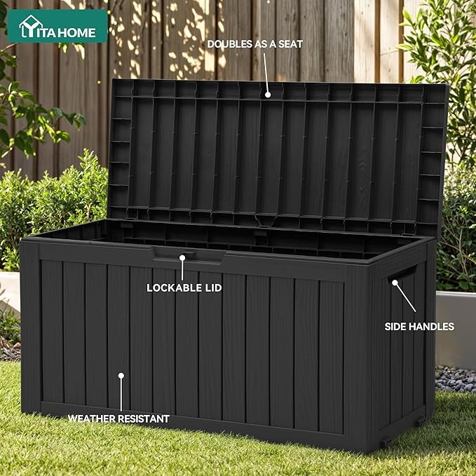 YITAHOME 72 Gallon Outdoor Storage Box w/Wheels, Resin Deck Box Indoor & Outdoor Patio Storage Box for Throw Pillows, Athletic Gear(Black)